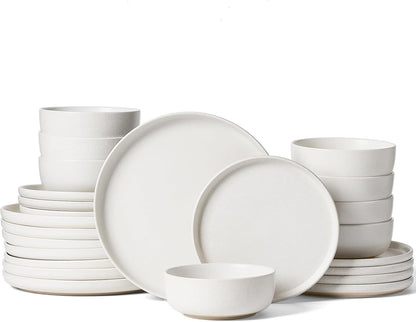 Famiware Milkyway Plates and Bowls Sets, 24 Pieces Dinnerware Sets, Reactive Glaze Dish Set, Stoneware Dishes Set for 8, Matte White