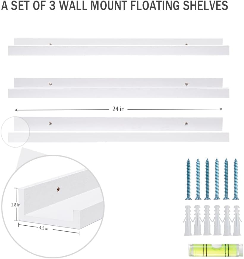 AZSKY White Kids Bookshelf Floating Shelves Wall Mounted 24 Inches Long Nursery Wooden Book Shelves for Toys Storage Picture Ledge Shelf for Living Room Bedroom Decor Books Photo Frames Set of 3
