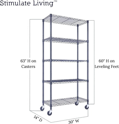 30"x14"x60" PRIME HEAVY DUTY Black 5-Tier Wire Shelving 1,750 LBS MAX Capacity Storage Rack for Commercial, School, Home, Garage, Warehouse, Industrial, and Hospital Uses (with Wheels)
