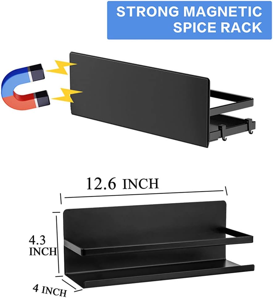 Magnetic Spice Rack for Refrigerator,Magnetic Shelf Fridge Organizer for Kitchen, Spice Rack Space Saver Container for Kitchen/Apartment, Drill Free, Black 6 Pack