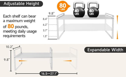 16.5~27.1" Expandable Shelf Organizer, 2Pack 10.2" Wide Stackable Cabinet Shelf Organizers, White Metal Sturdy Kitchen Counter Storage for Countertop, Adjustable Height Spice Rack