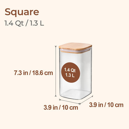 ComSaf 1.4 Qt Glass Storage Containers with Lids, Glass Jars with Lids, Clear Food Storage Jar, Square Canister Set of 3, Pantry Organizers and Storage for Flour Oat Pasta Tea Cookie Coffee Bean