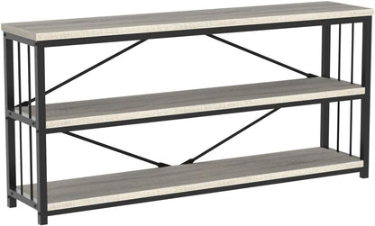 LVB Long Console Table with Storage, Farmhouse Rustic Skinny Entryway Table, Modern Wood Metal Hallway Sofa Table with Shelf, Industrial Narrow Couch Entry Table for Foyer Living Room, Light Grey, 63