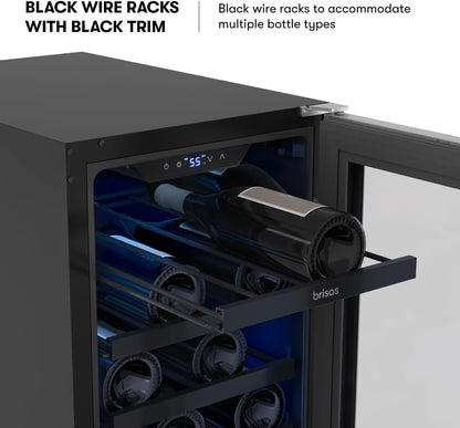 Zephyr Brisas 15 Inch Slim Wine Fridge Single Zone Under Counter - Narrow Mini Wine Cooler Small Cabinet Wine Refrigerator Home Bar Freestanding with Glass Door - 28 x 750ml Bottles