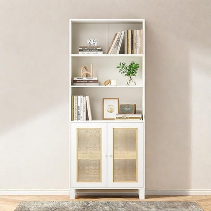 Tall Bookshelf, 5-Tier Book Shelf with 2 Rattan Doors, Freestanding Bookcase Display Shelves with Large Storage, Book Case for Living Room, Office, Study, Bedroom, 70.9 Inch