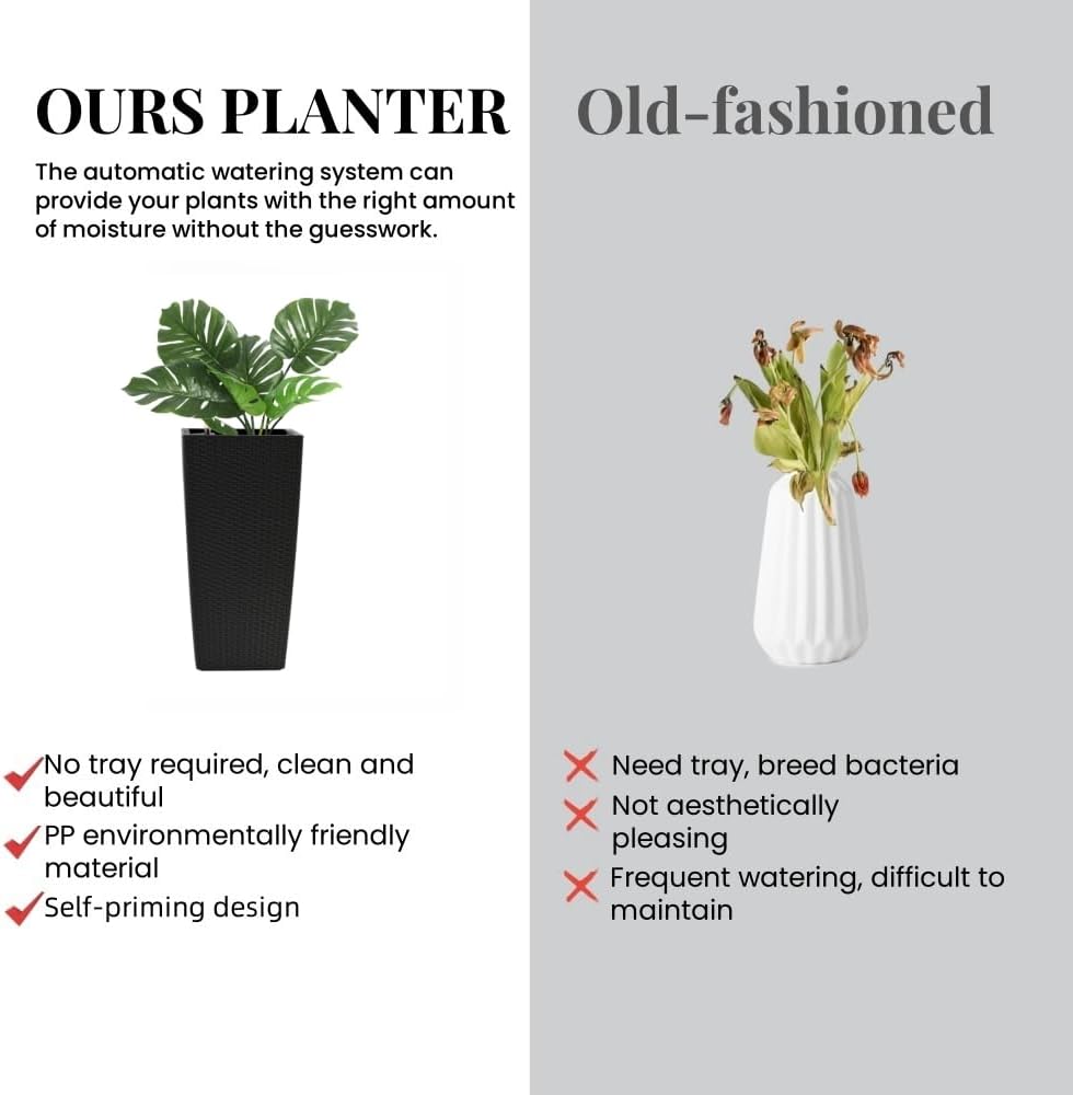 2Pcs 23in High Large Plant Pots Planter-Self-Watering,Modern Planter with Drain Holes,Water Level Monitor,Inner Bucket for Indoor/Outdoor Front Porch Patio,Black Rattan