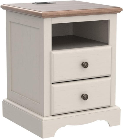 T4TREAM Nightstand with Charging Station, 18 Inch Vintage End Table with 2 Drawers, Wood Rustic Sofa Side Table with Open Storage Shelf for Bedroom, Living Room, Antique White