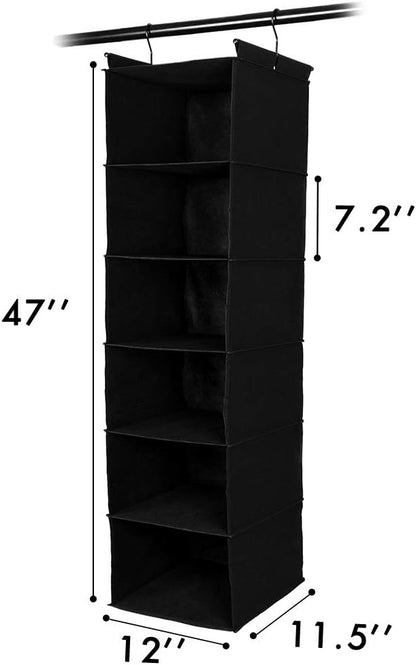 MAX Houser 6 Tier Shelf Hanging Closet Organizer, Closet Hanging Shelf with 2 Sturdy Hooks for Storage, Foldable (Black)