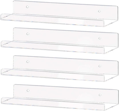 Weiai Clear Acrylic Shelf 15" Invisible Floating Wall Ledge Bookshelf, Kids Book Display Shelves Wall Mounted (15 Inch 4Pack)