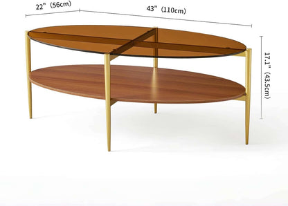 Oval Glass Coffee Table, Mid-Century Modern Design, L43 x W22 x H17 inch, 2-Tier Structure, Olive Shaped Amber Glass Top and Walnut Finish Wood Shelf, Tapered Legs with Gold Finish Frame