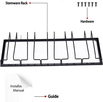 Wine Glass Rack - Under Cabinet Stemware Wine Glass Holder Glasses Storage Hanger 1 Pack Metal Organizer for Bar Kitchen 5 Rows Black