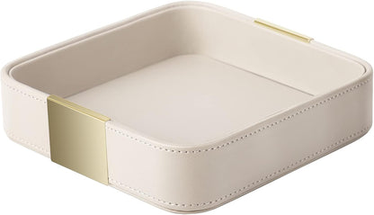 SANZIE Luxury Leather Desktop Storage Small Catchall Organizer Decorative Tray for Entryway Table to Hold Jewelry Watch Cosmetics Keys Phone Wallet, Home & Office Accessories (Metal Glided, Grey)