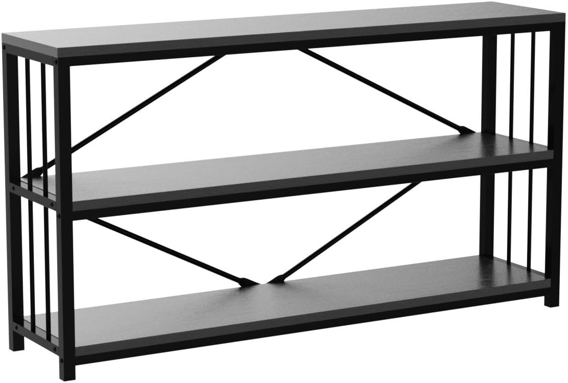 LVB Black Console Table, Modern Entryway Table for Hallway Living Room, Industrial Sofa Table Behind Couch, Farmhouse Wooden Metal Entry Table for Foyer with 3-Tier Storage Shelves, Black Oak, 55 Inch