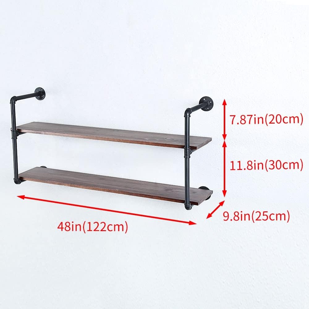 Industrial Pipe Shelving Wall Mounted,48in Rustic Metal Floating Shelves,Steampunk Real Wood Book Shelves,Wall Shelf Unit Bookshelf Hanging Wall Shelves,Farmhouse Kitchen Bar Shelving(2 Tier)