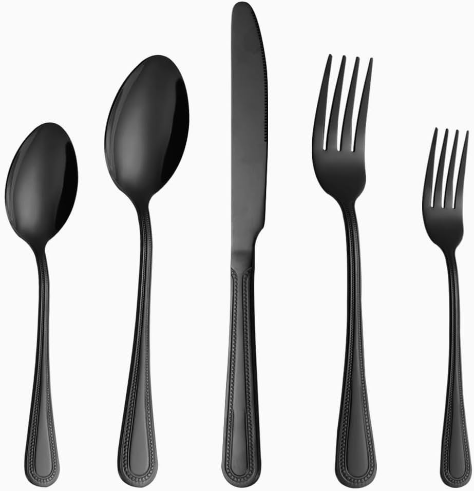 40 Pcs Black Silverware Set for 8 with Pearled Edge Handle design, Food Grade Stainless Steel Flatware Set, Eating Utensils Sets Include Fork/Knife/Spoon, Reusable Cutlery Set, Dishwasher Safe
