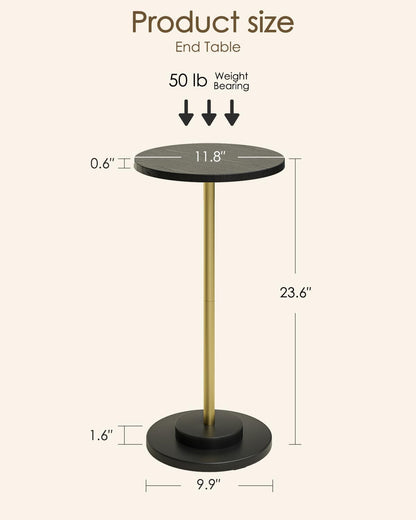 Masupu Drink Table, Round Side Table for Small Spaces, Pedestal Side Table, Small End Table with Metal Base, for Living Room, Bedroom, Bathroom, Black Gold