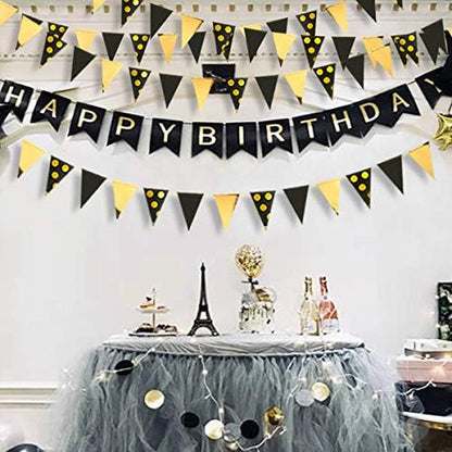 30Ft Black Gold Party Decorations Polka Dot Pennant Banner Paper Circle Dot Triangle Flags Bunting Garland for Wedding Bridal Shower Birthday Bachelorette Engagement Anniversary Holiday Party Supplies