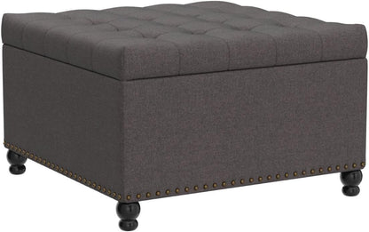 Tbfit Large Square Storage Ottoman Bench, Tufted Upholstered Coffee Table with Storage, Oversized Storage Ottomans Toy Box Footrest for Living Room, Dark Grey