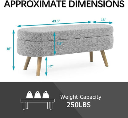 Oval Storage Bench 43.5" Linen Fabric Upholstered Entryway Bench with Solid Wood Legs Ottoman Bench Indoor Bench for Living Room/Bedroom/End of Bed/Entryway (New Grey)