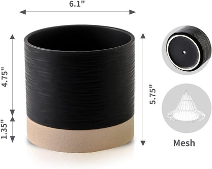 Nihow Ceramic Plant Pot: 6 Inch Planter with Drainage Hole & Saucer for Indoor & Outdoor Plants - Cylinder Round Flower Pot for Succulent/Herbs/Violets - Black & Brown
