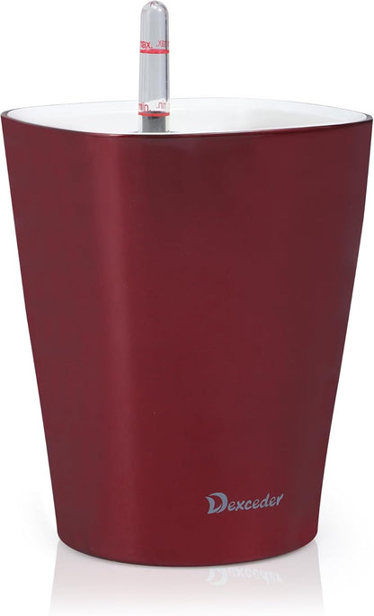 Dexceder 6x7 Self Watering Planter Indoor Outdoor, High Gloss Table Flower Plant Pot with Water Level Indicator (Wine Red)
