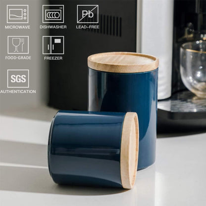 Sweejar Kitchen Canisters Ceramic Food Storage Jar, Stackable Containers with Airtight Seal Wooden Lid for Serving Ground Coffee, Tea, Sugar, Salt and More - 16 Fl Oz (Navy New)