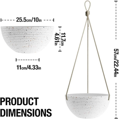Line Pattern 10 Inch Hanging Planter for Indoor Outdoor Plants, 2 Pack Round Hanging Pots for Plants (White + Speckled White)