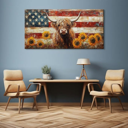 LASMOND Country Highland Cow Wall Art for Living Room Rustic Retro Vintage American Flag Sunflower Canvas Painting Prints Highland Cattle Artwork Farmhouse Bedroom Office Decor (46x23 Inches)