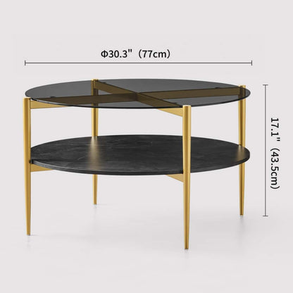 Round Coffee Table for Living Room, Mid-Century Modern Design, D30 x H17, 2-Tier Structure, Grey Glass Top and Black Marble Finish Wood Shelf, Sleek Conical Metal Legs with Gold Finish Frame