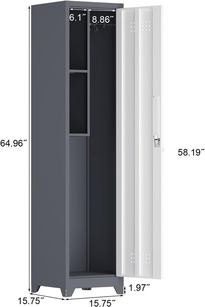 Storage Cabinet,Slim Broom Closet Storage Cabinets with Lockable Doors,Narrow Utility Cabinets with Hanging Rod,Tall Broom Closet for Laundry,Home Office,Grey-White