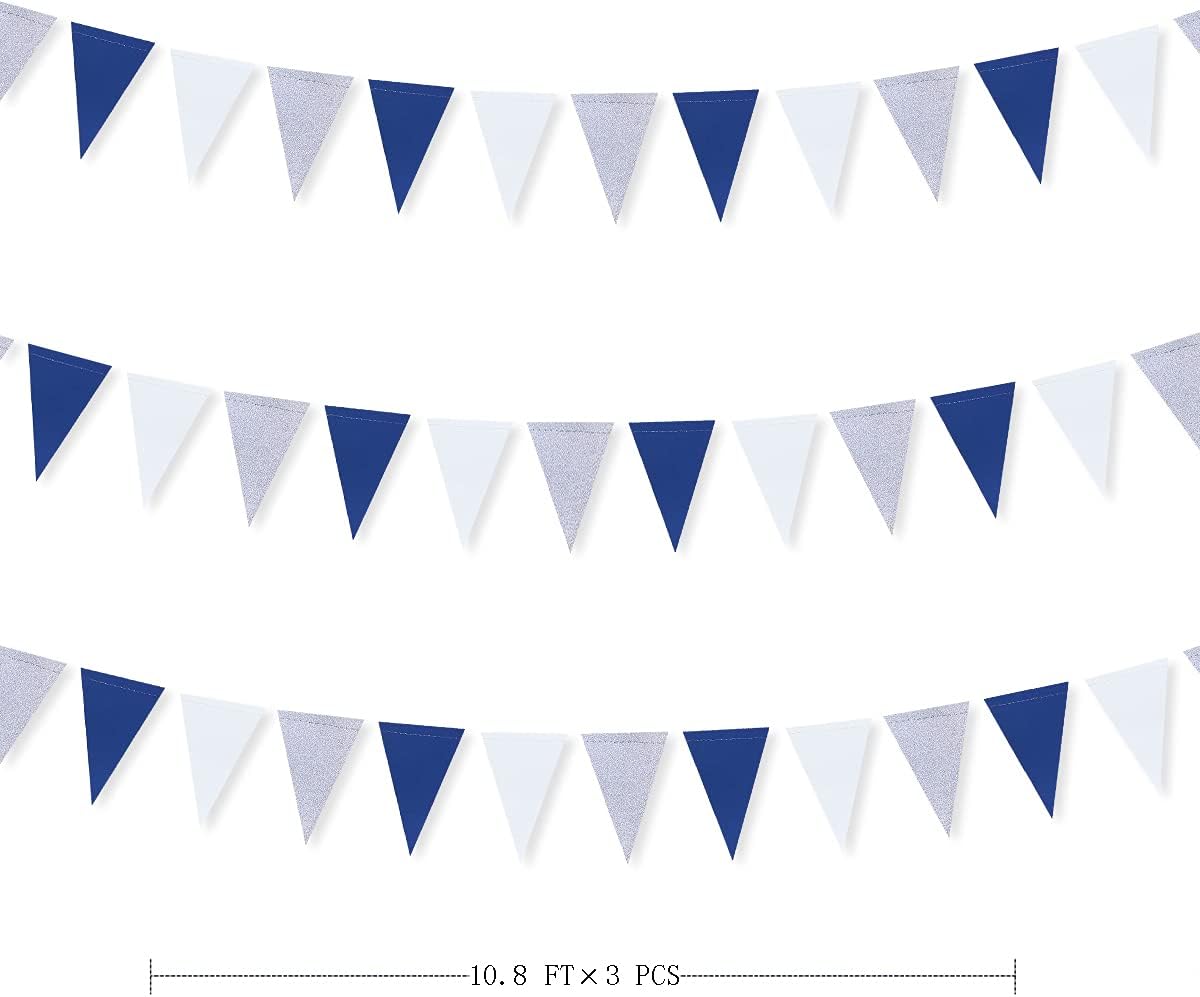 30 Ft Navy Blue White and Silver Party Decorations Royal Blue Triangle Flag Pennant Banner Bunting for Graduation Birthday Wedding Bridal Shower Nautical Ahoy Achor Theme Party Decorations Supplies