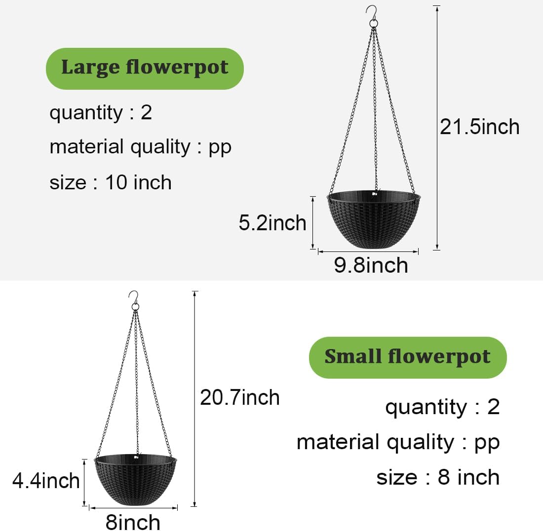 Hanging Planters for Indoor Outdoor Plants 8/10 Inch, 4 Packs Plant Hanger with Drainage Holes, Hanging Basket Flower Pot Perfect for Home, Office and Garden, Black