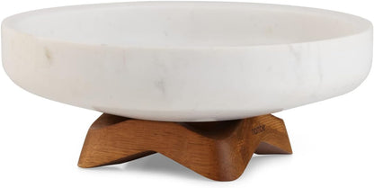 nambe Chevron Fruit Bowl – White Marble and Acacia Wood Decorative Footed Bowl - Kitchen Counter Table Display Centerpiece Bread Vegetable Holder on Pedestal- 10.5”