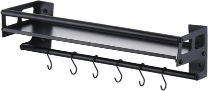 Wall Mount Storage Holder，Stainless Steel Strong Shelf with 6 Removable Hooks, Spice Rack Organizer，Kitchen Organizer Shelf, Space Saving Spice Rack and Kitchen Storage (black)