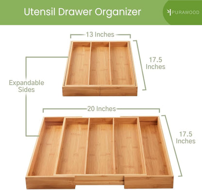 Bamboo Drawer Organizer, 2 Pack - Expandable Silverware Organizer & Utensil Drawer Organizer, Cutlery Tray with Dividers, 7-9 Slots - Premium Kitchen Organizer for Utensils & Flatware (Natural)