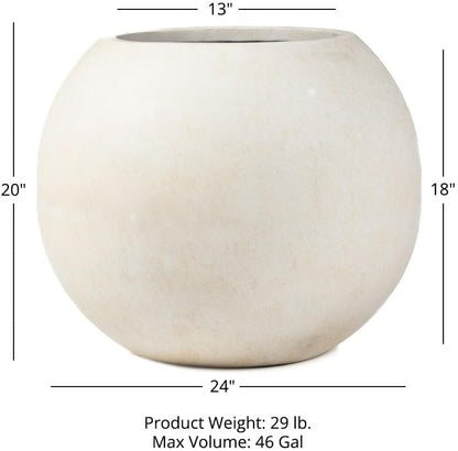 Ash & Ember Onyx 24" D Ceramic Indoor Outdoor Round Sphere Planter, Satin Ivory, Home Décor Evergreen Weather Resistant Modern Planter Pot, Seamless Herb & Seasonal Flower Garden Box
