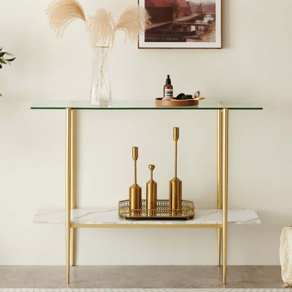 Glass Console Table for Living Room, Foyer & Entrance, 2-Tiers Mid-Century Modern Sofa Table with Clear Glass Top, White Marble Finish Wood Shelf and Gold Finish Frame