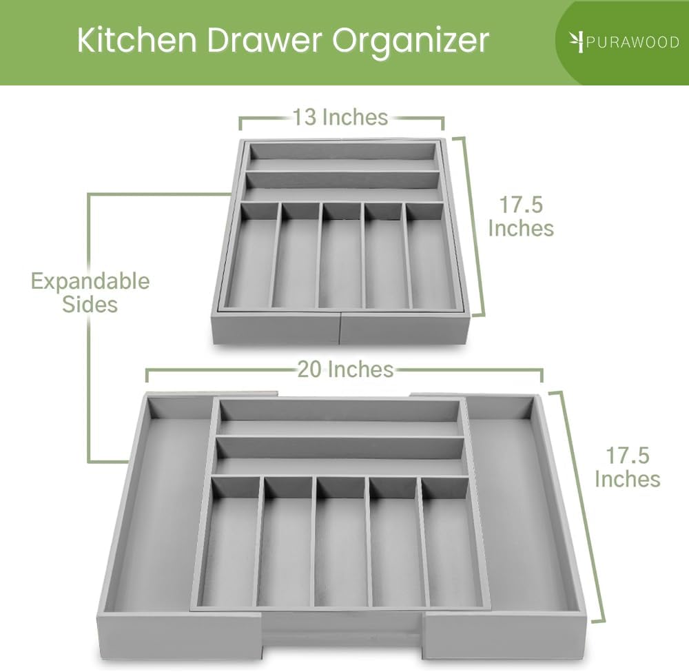 Purawood Bamboo Drawer Organizer - Expandable Silverware Organizer & Utensil Organizer, Cutlery Tray with Dividers, 7-9 Slots - Premium Kitchen Drawer Organizer for Utensils & Flatware (Grey)