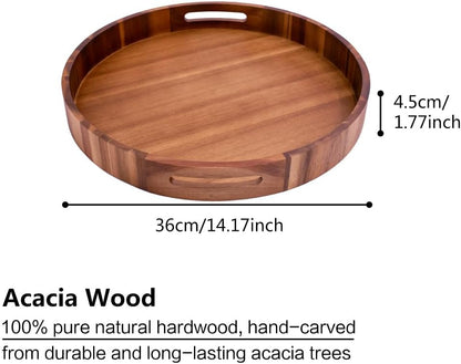 Large Round Wood Serving Tray, Wooden Trays with Handles for Ottoman Table, Vintage Acacia Tray Circle Wood Tray for Indoor Outdoor Organization and Decoration, Including 4 Round Wooden Coasters