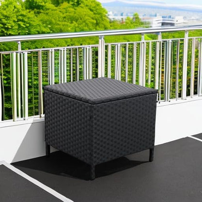 Outdoor Wicker Storage Side Table, Patio Black PE Rattan End Table with Storage, Square Container for Furniture Covers, Toys, and Gardening Tools