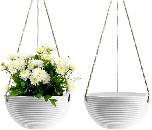 Line Pattern 10 Inch Hanging Planter for Indoor Outdoor Plants, 2 Pack Round Hanging Pots for Plants (White)