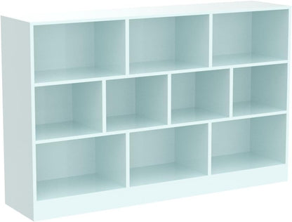 IOTXY Open Shelf Low Bookcase - Wooden 3-Tier Floor Standing Display Cabinet Organizer with Base, 10 Cubes Short Horizontal Bookshelf in Tiffany-Green