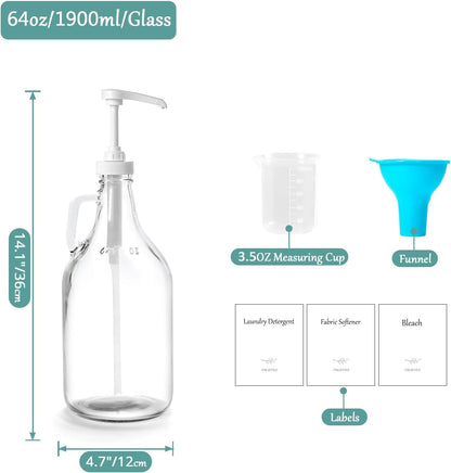 Glass Laundry Detergent Dispenser with Pump, 64OZ Liquid Laundry Soap Dispenser, Fabric Softener Dispenser Bottle for Laundry Room Organization and Storage, 1 Pack