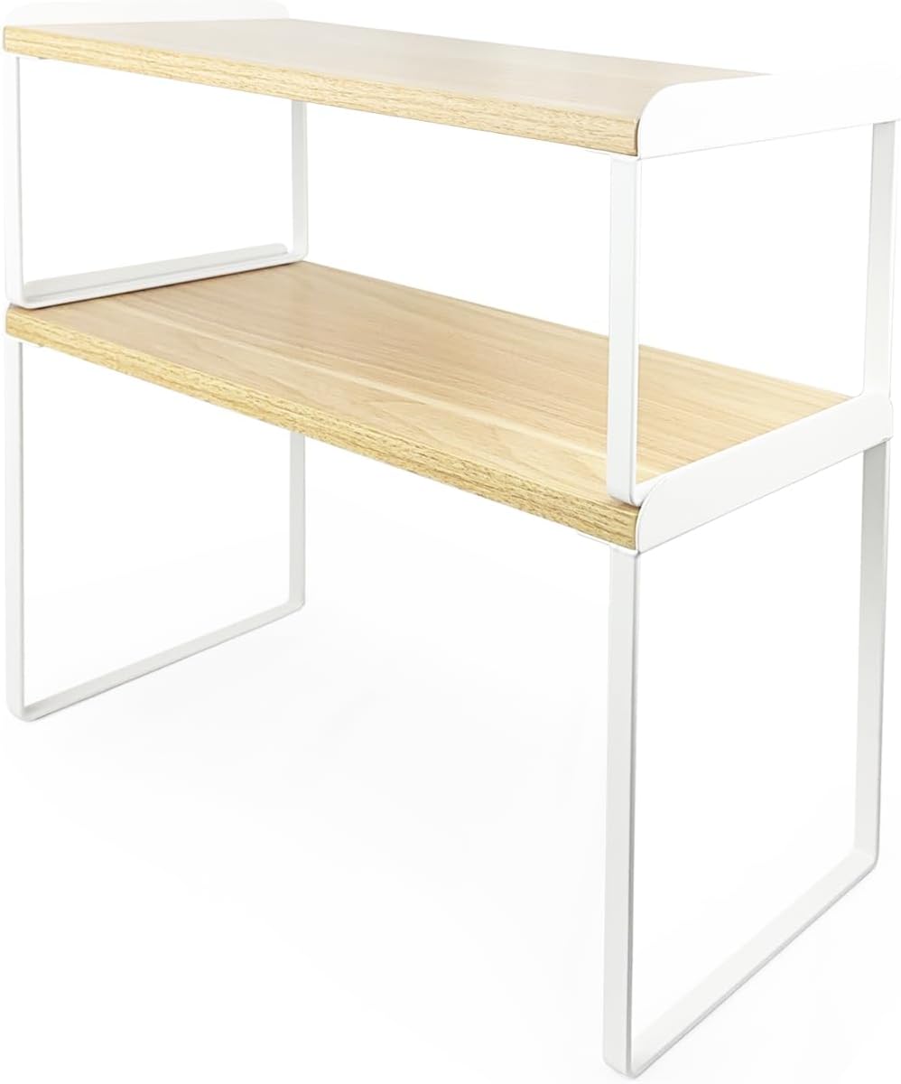 Mitus Shelf Organizer and Storage, Stackable Tiered Wood Cabinet Rack for Countertops, Desktops, Cabinets (Set of 2) 16" Wide Natural Oak and White