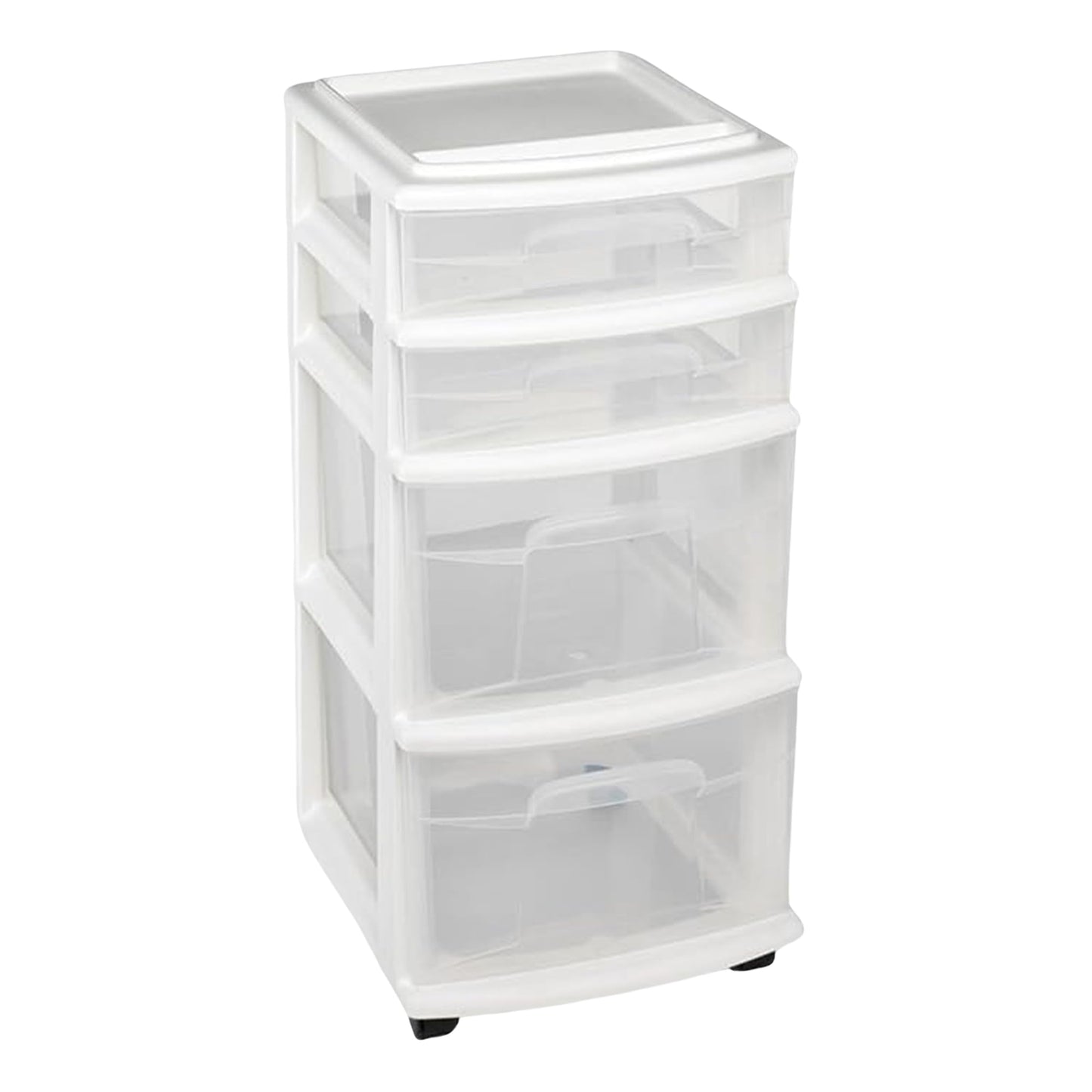 HOMZ Drawer Tower, 4-Tier Clear Plastic Storage Organizer Cart, White Frame - Rolling Drawers with