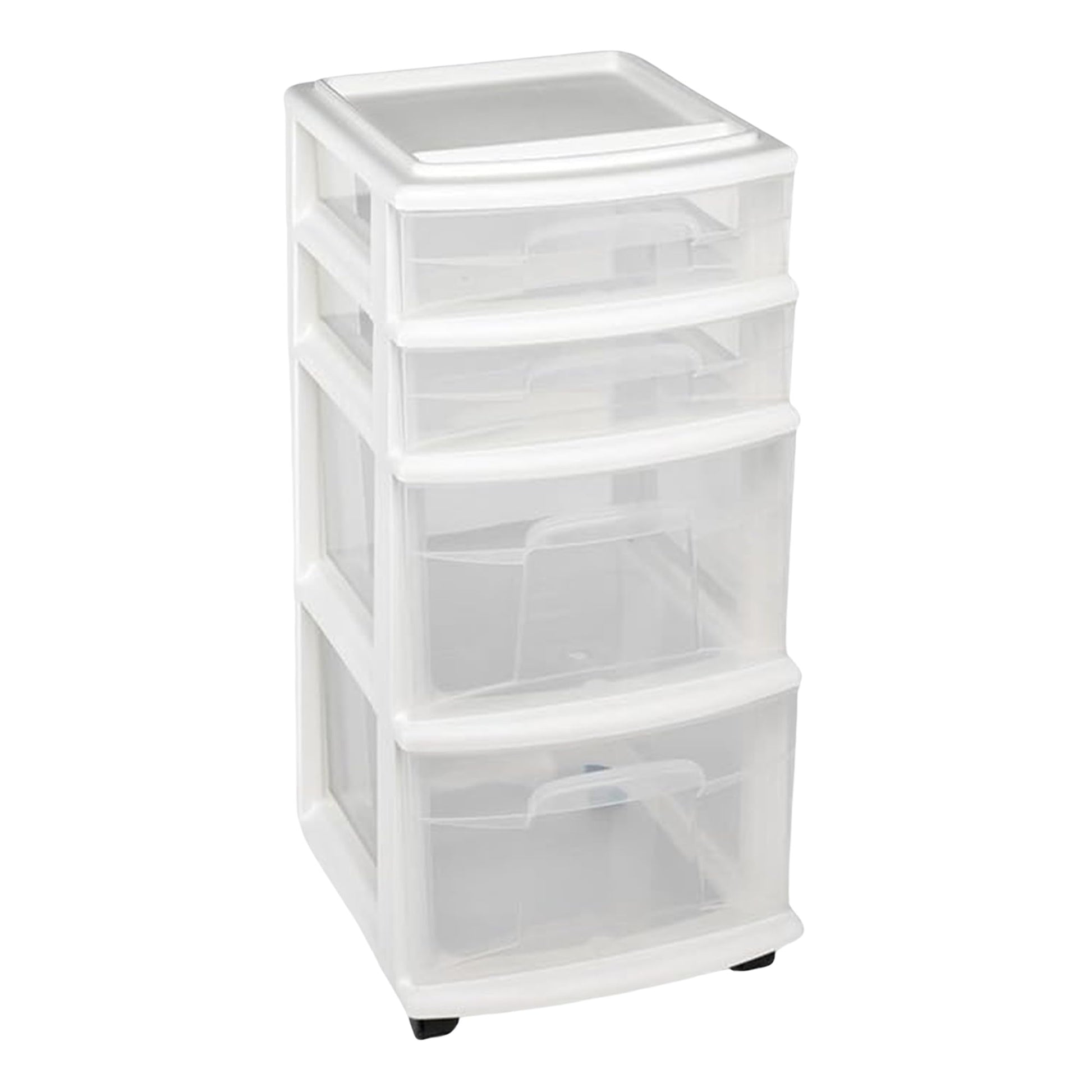 HOMZ Drawer Tower, 4-Tier Clear Plastic Storage Organizer Cart, White Frame - Rolling Drawers with