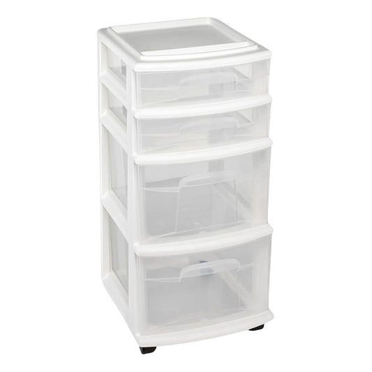 HOMZ Drawer Tower, 4-Tier Clear Plastic Storage Organizer Cart, White Frame - Rolling Drawers with