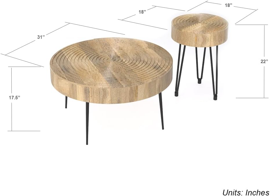 Relso Aspen Round Nesting Coffee Table Set of 2 – Solid Wood Nesting Tables with Metal Legs, Natural Finish | End Table with Ring Pattern | Modern Accent Tables for Living Room, Boho, Farmhouse Decor