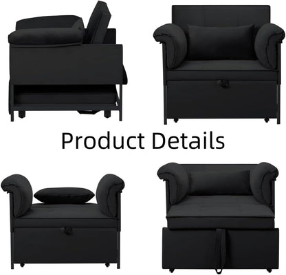 Pull Out Sofa Bed, Convertible Sleeper Chair Bed with Lumbar Pillow, 3-in-1 Sofa Chair with 3 Adjustable Backrest, Armchair Sleeper Small Couch for Small Spaces Living Room Black