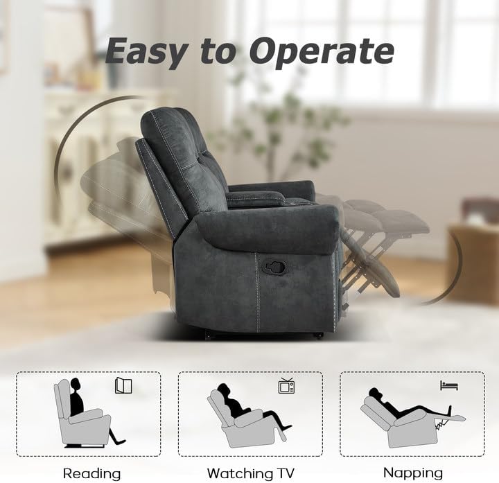 EBELLO Manual Recliner 3 Seat Sofa Couch, Soft Fabric 3 Seater Reclining Couch Chair, Vintage Rivet Mid-Century Design Furniture for Living Room, Meeting Room, Grey